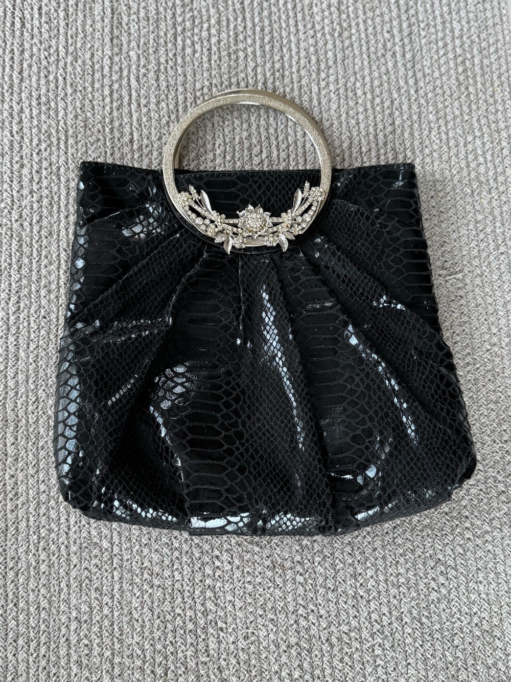 Vintage Silver Rhinestone Black Snakeskin Fabric Round Handle Purse